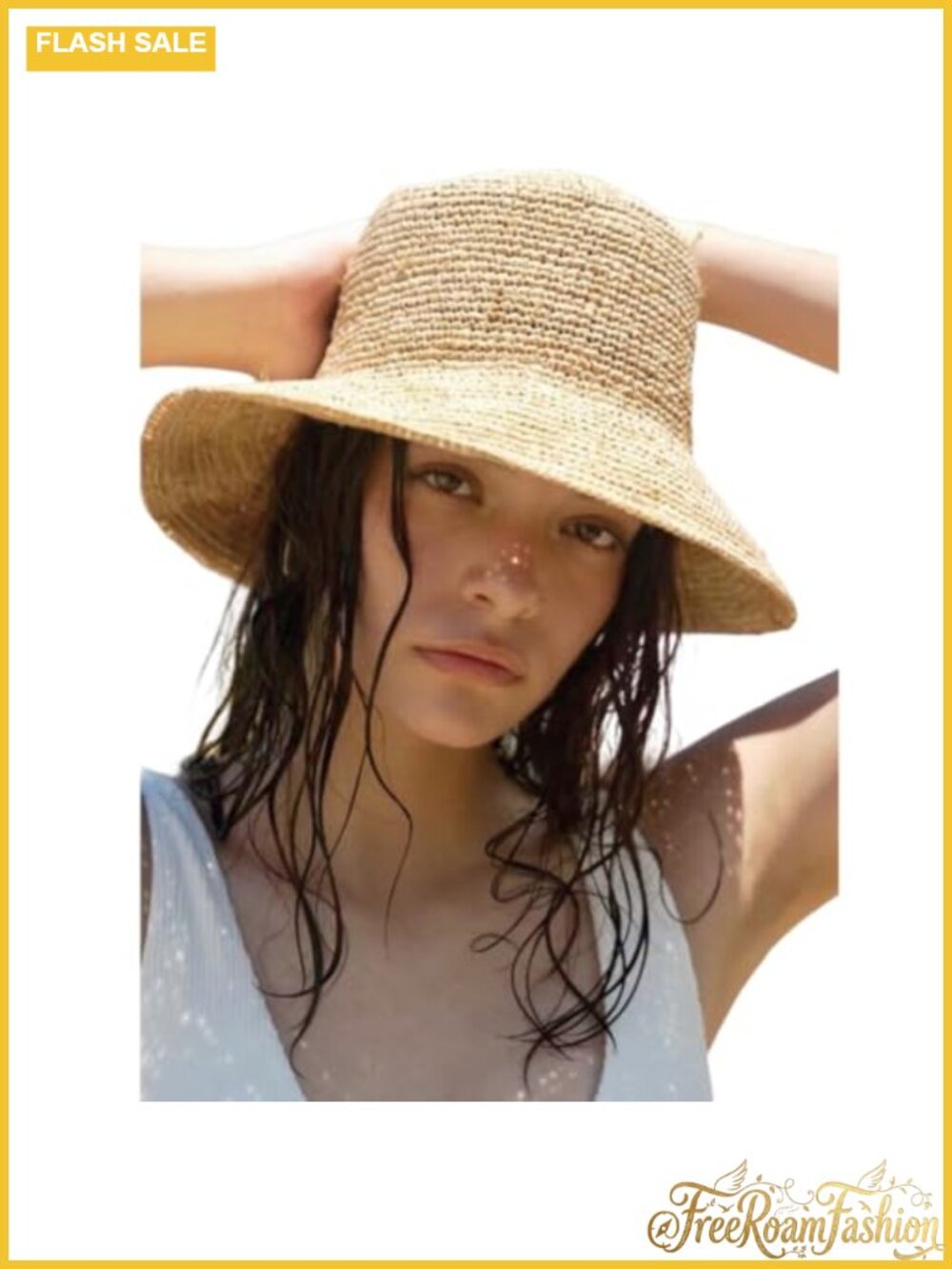 Natural Raffia Straw Bucket Hat Wide Brim Foldable Sun Hat Beach Travel